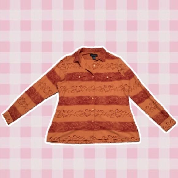 Wrangler Blues Retro Orange Western Cowboy and Horse Button Blouse Size Large - Picture 1 of 14
